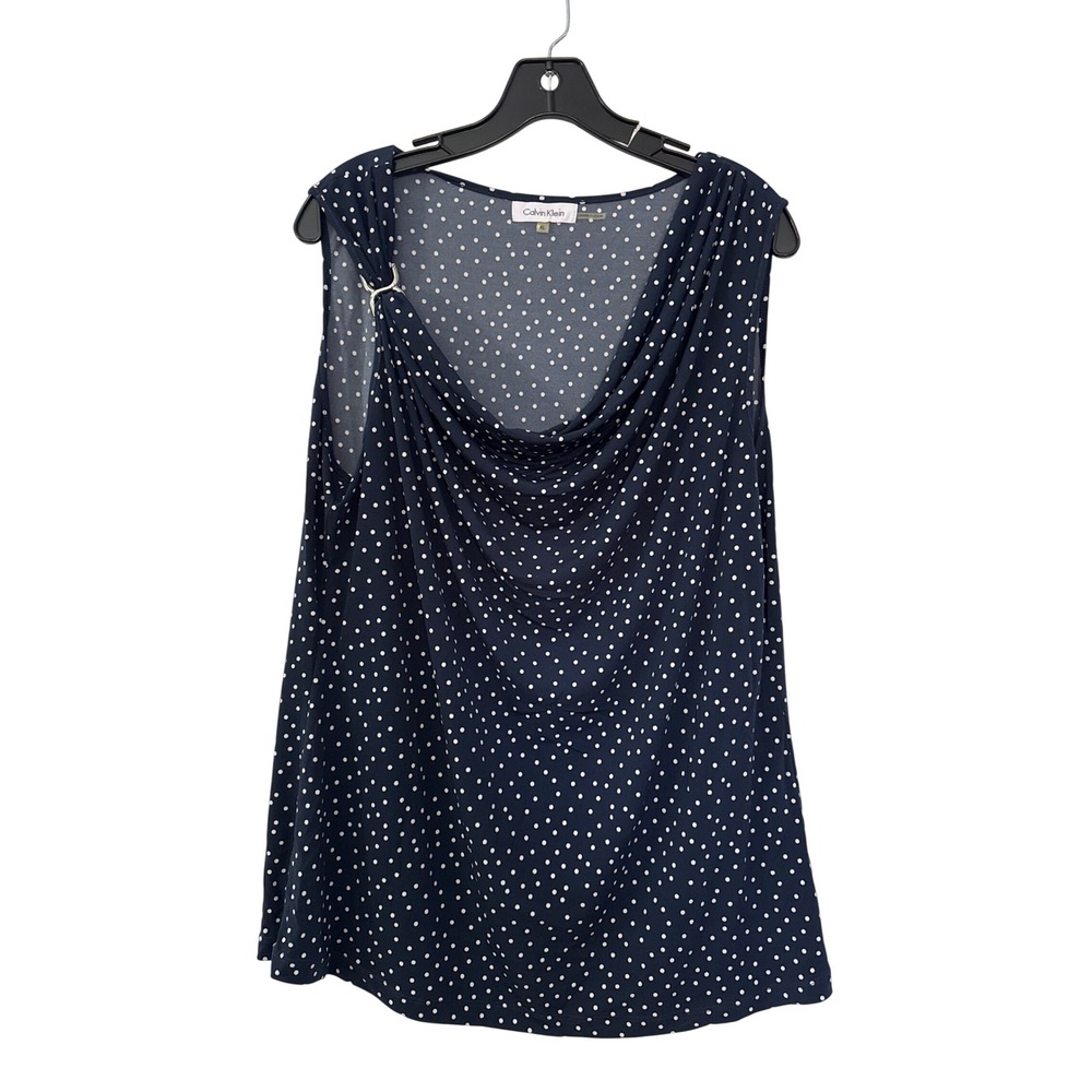 Calvin Klein Navy Blue Polka Dot Cowl Neck Sleeveless Blouse Gold Hardware XL